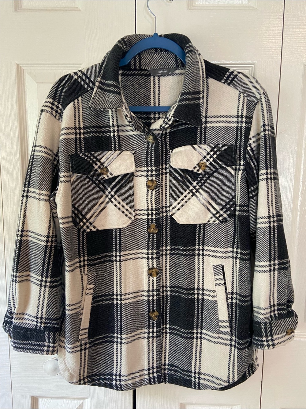Womens Black & White Plaid Utility Shacket